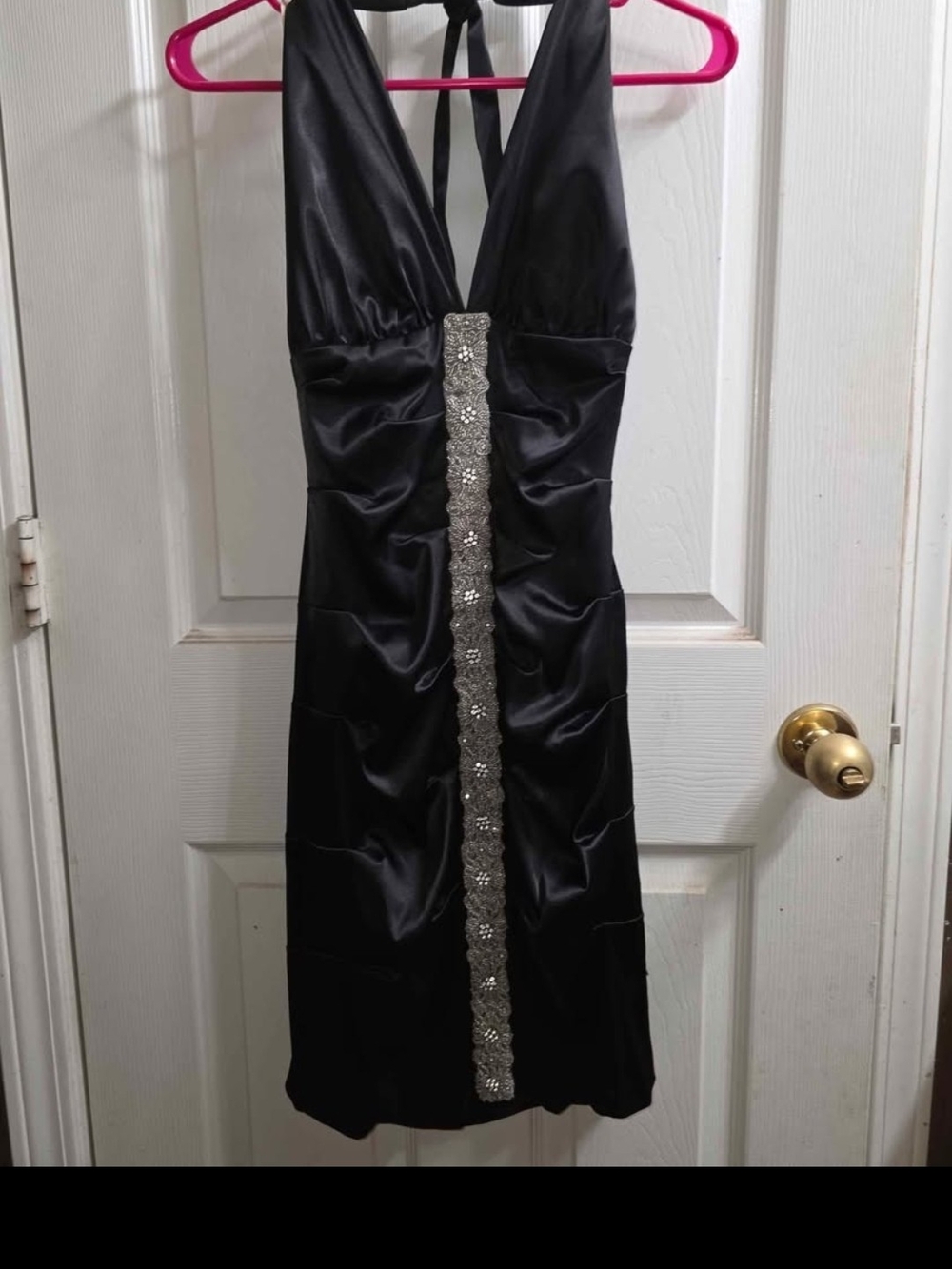 B Darlin Black Halter Mini Dress with Silver Rhinestone Panel